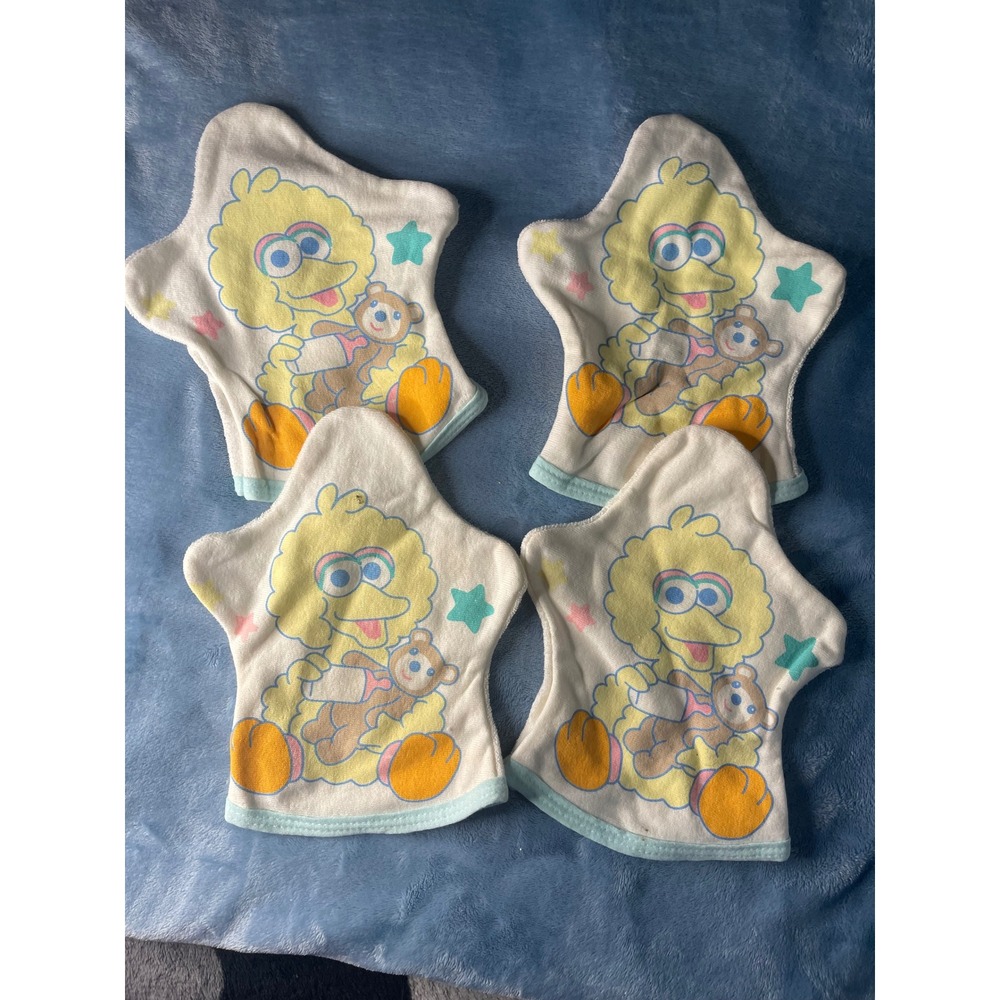 VTG Sesame Street Big Bird Bath Terry Cloth Washcloth Hand Mitt Set of 4 - Picture 2 of 6